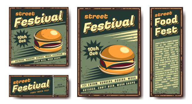 Fast food retro poster. Vector set of emblems, banners, posters. In retro, vintage, old style. Your design and text. Metal sign. Collection of posters. retro 1950s kitchen stock illustrations