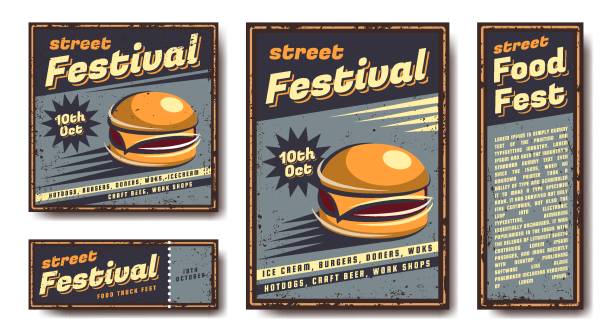 Fast food retro poster. Vector set of emblems, banners, posters. In retro, vintage, old style. Your design and text. Metal sign. Collection of posters. retro 1950s kitchen stock illustrations