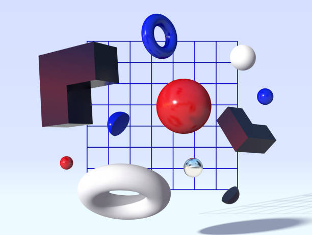 kształty wektorów 3d latające przed siatką - donut shape stock illustrations