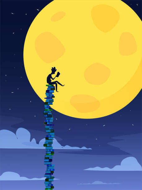Guy reads a book while sitting on a huge stack of books vector art illustration