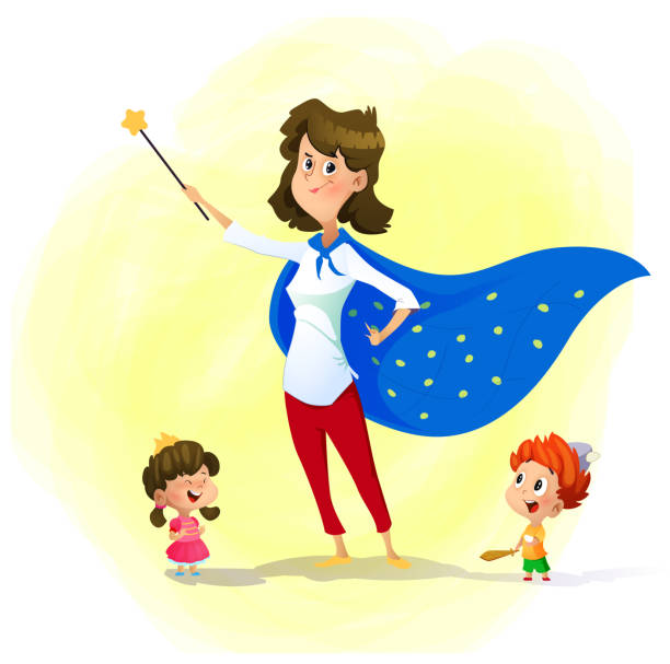 Mother and her children play wizards vector art illustration
