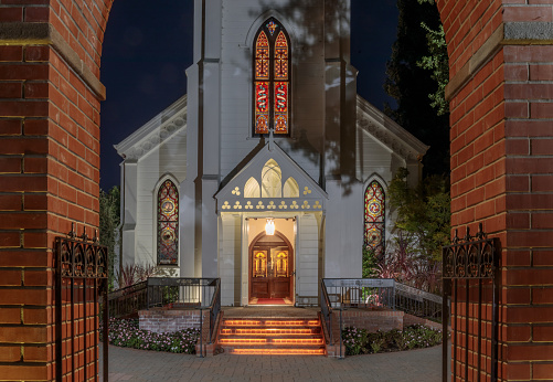 Menlo Park, California - October 2, 2019: The Façade of Church of the Nativity.