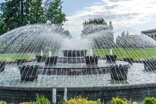 A close-up shot of a majestic fountain in Olympia, Washington.