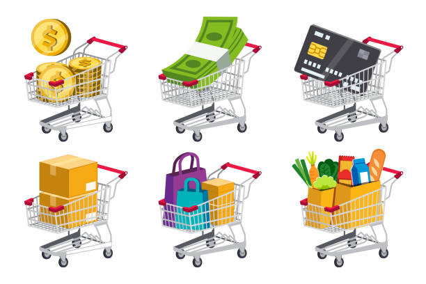 stockillustraties, clipart, cartoons en iconen met het selecteren van een aankoop en betaling in de winkel of supermarkt. - boodschappenkar supermarkt