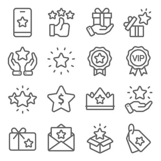 Vector illustration of Loyalty Program icons set vector illustration. Contains such icon as VIP, Benefit, Voucher, Exclusive, Badge, Winner and more. Expanded Stroke