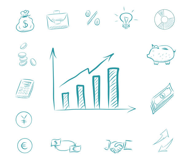 Business chart - icon finance set. Business icons with piggy bank, calculator, handshake, money exchange, idea bulb, arrows Business chart - icon finance set. Business icons with piggy bank, calculator, handshake, money exchange, idea bulb, arrows up and down. Images drawn by hand vector illustration funny contract stock illustrations