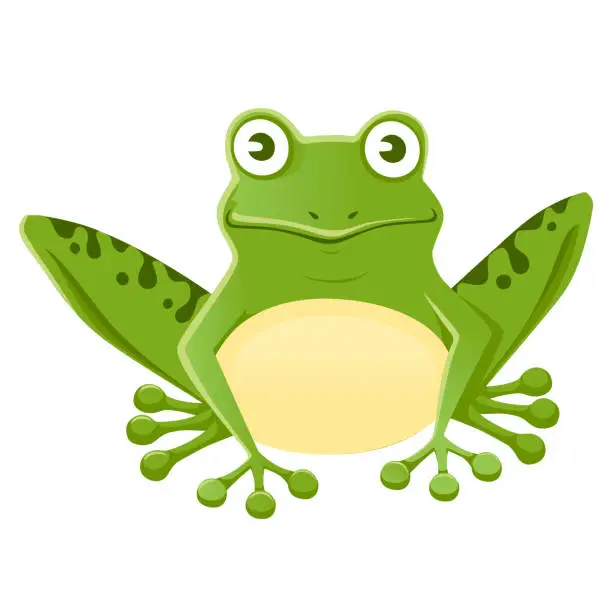 Vector illustration of Cute smiling green frog sitting on ground cartoon animal design flat vector illustration isolated on white background