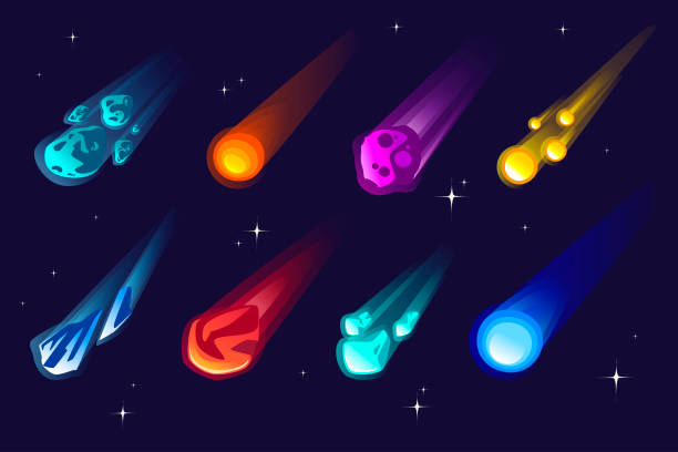 ilustraciones, imágenes clip art, dibujos animados e iconos de stock de conjunto de meteoritos y cometas con diferentes colores y formas de ilustración vectorial plana en el fondo del espacio exterior con estrellas - asteroide
