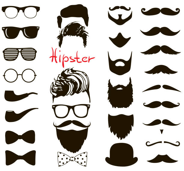 ilustraciones, imágenes clip art, dibujos animados e iconos de stock de set de garabatos de moda hipster. cortes de pelo, barbas, gafas, pajarita, bigotes y pipa - barba pelo facial