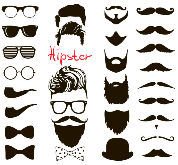 illustrations, cliparts, dessins animés et icônes de ensemble de griffonnage de mode de hipster. coupes de cheveux, barbes, lunettes, noeud papillon, moustaches et pipe - mustache