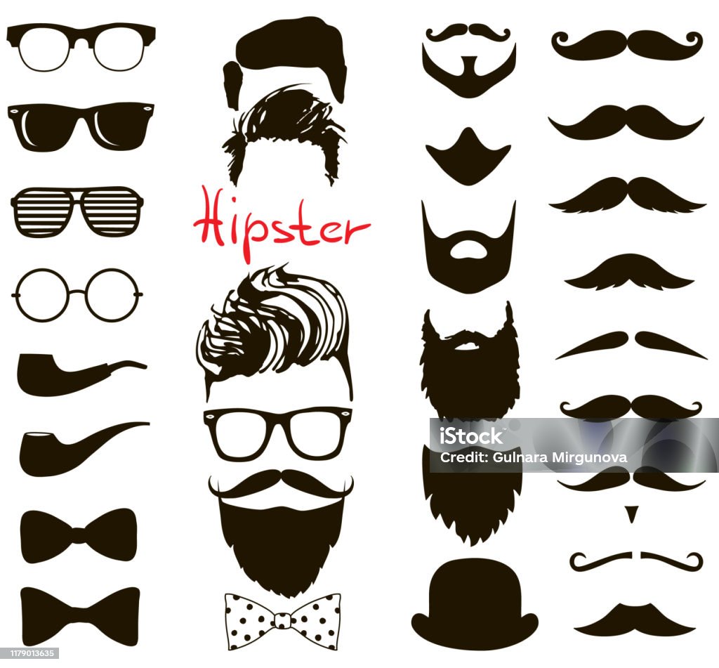 Hipster moda doodle seti. saç kesimi, sakal, gözlük, papyon, bıyık ve boru - Royalty-free Sakal Vector Art