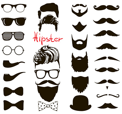 hand drawn Hipster fashion set. haircuts, beards, glasses, bowtie and pipe