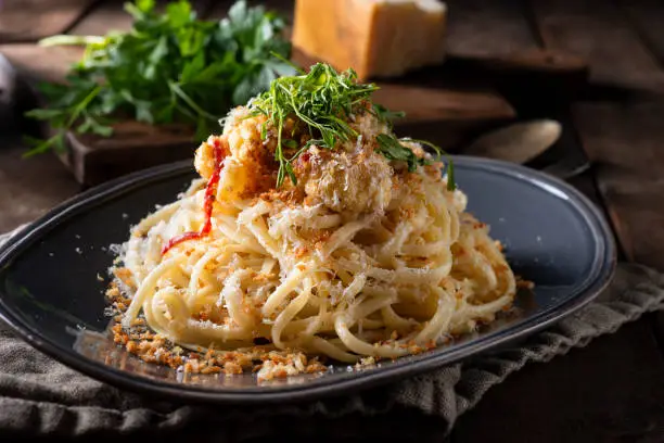 Spaghetti with Parmesan Cheese, Roasted Cauliflower and Breadcrumbs.