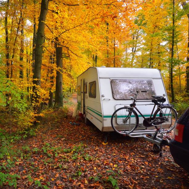 istock Caravan trailer with bicycle parked in a beautiful beech tree forest in autumn. 1179015794