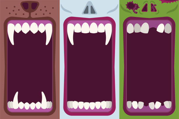 Halloween monster mouth banners set Halloween banners set with opening mouths ready to bite of werewolf, vampire and zombie in flat cartoon style count dracula stock illustrations