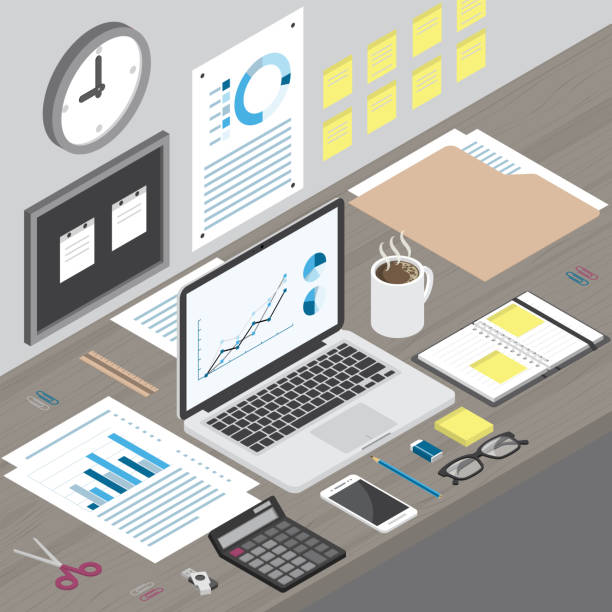 ilustrações de stock, clip art, desenhos animados e ícones de isometric workspace laptop on office desk - office tool flash