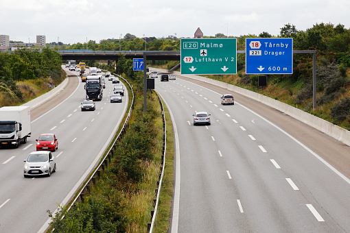 Copenhagen, Denmark - September 4, 2019: The freeway E20 heading for the Copenhagen airport and the Swedish town Malmo in the Orestad district.