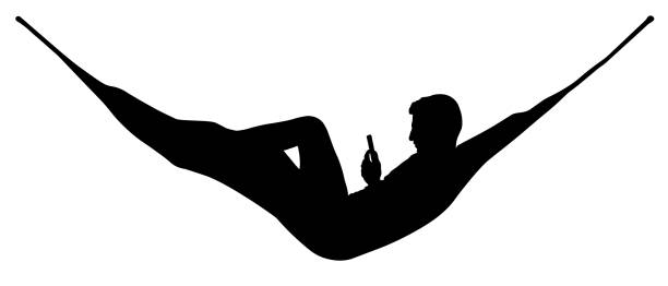 ilustrações de stock, clip art, desenhos animados e ícones de man relaxing lying in hammock. vector silhouette - hammock