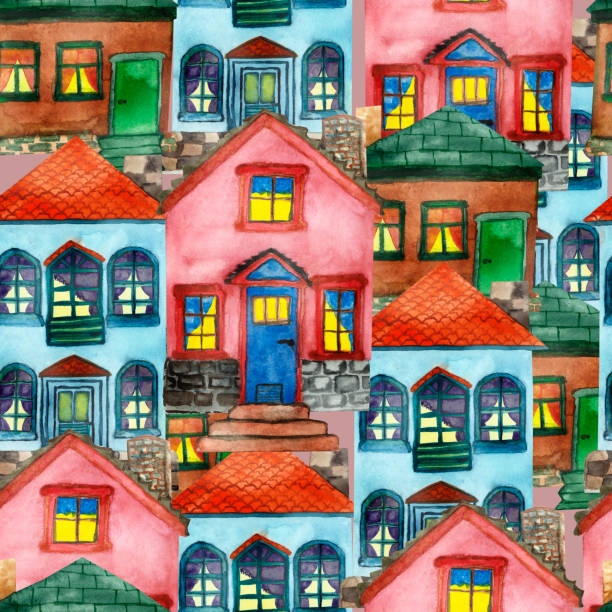 istock Watercolor hand painted town seamless pattern with different pink, blue and brown houses with red and green roofs, composition without gaps for textile, wallpaper and backgrounds 1179027497