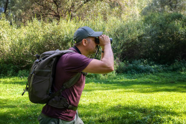 istock Man explorer in the forest, scanning the horizon with binoculars. 1179027839