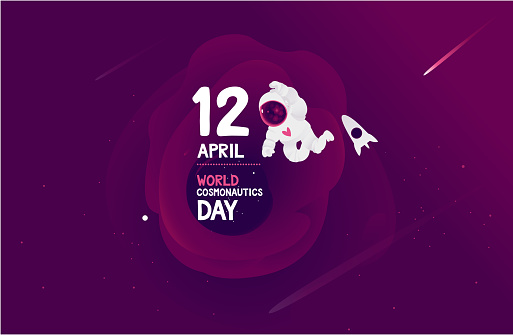 world cosmonautics day. 12 April Cosmonautics Day banner with rocket and cosmonaut.Astronaut in space is a flat design. Astronaut flies hovering in the darkness in space among comets, stars
