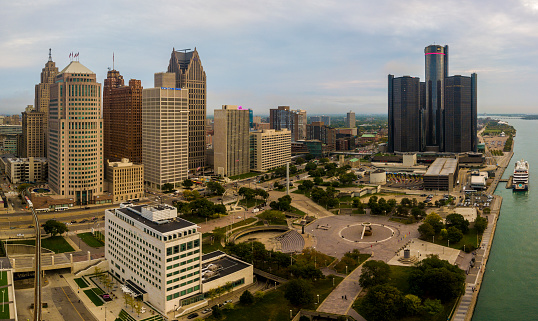An aerial view of the Detroit Michigan city skyline