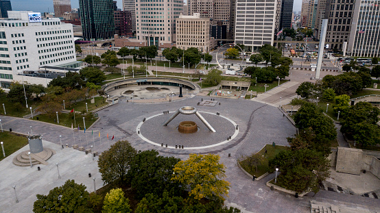 An aerial view of the Horace E. Dodge and Son Memorial Fountain at Hart Plaza Detroit Michigan