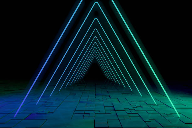 istock Ultraviolet Neon Laser Glowing Triangle Lines, Light Tunnel, Abstract 3D Background 1179043796