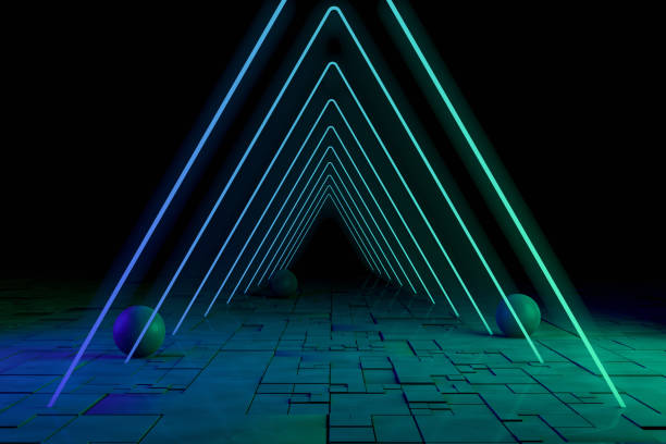 istock Ultraviolet Neon Laser Glowing Triangle Lines, Light Tunnel, Abstract 3D Background 1179043827