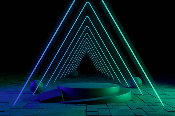 istock Ultraviolet Neon Laser Glowing Triangle Lines, Light Tunnel, Abstract 3D Background with Empty Product Stand 1179043875