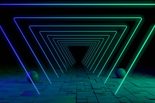istock Ultraviolet Neon Laser Glowing Triangle Lines, Light Tunnel, Abstract 3D Background 1179043954
