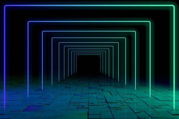 istock Ultraviolet Neon Laser Glowing Square Lines, Light Tunnel, Abstract 3D Background 1179044026