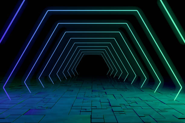 istock Ultraviolet Neon Laser Glowing Hexagon Lines, Light Tunnel, Abstract 3D Background 1179045276