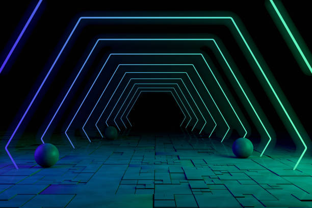 istock Ultraviolet Neon Laser Glowing Hexagon Lines, Light Tunnel, Abstract 3D Background 1179045320