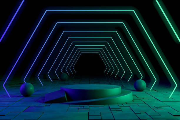 istock Ultraviolet Neon Laser Glowing Hexagon Lines, Light Tunnel, Abstract 3D Background with Empty Product Stand 1179045386
