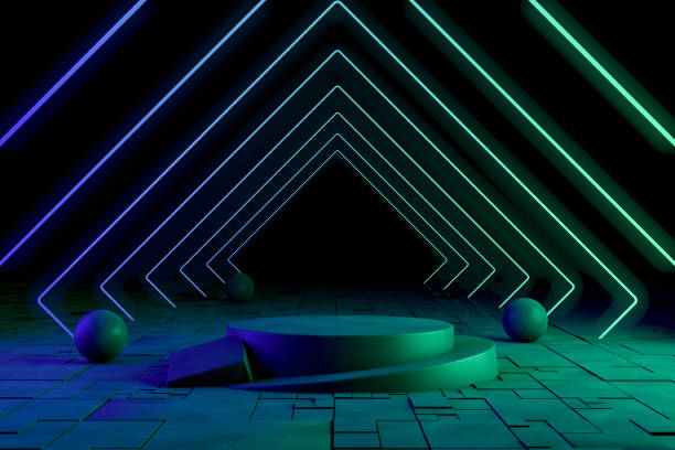 istock Ultraviolet Neon Laser Glowing Square Lines, Light Tunnel, Abstract 3D Background with Empty Product Stand 1179045505