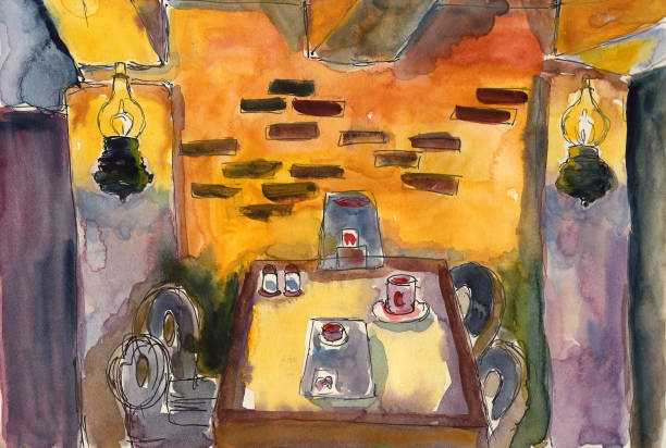 istock drawing sketch watercolor illustration cafe restaurant interior 1179045610