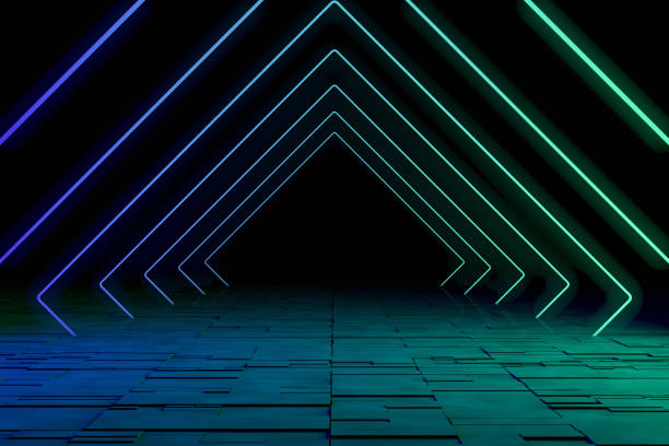 Ultraviolet Neon Laser Glowing Square Lines, Light Tunnel, Abstract 3D Background Ultraviolet Neon Laser Glowing Square Lines, Light Tunnel, Abstract 3D Background Rendering, Copy space for advertisement. fluorescent stock pictures, royalty-free photos & images