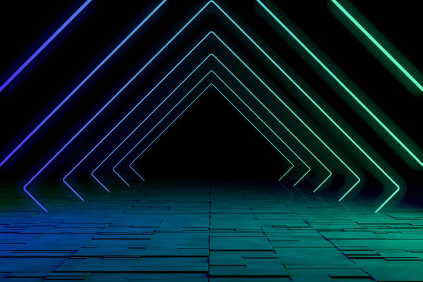Ultraviolet Neon Laser Glowing Square Lines, Light Tunnel, Abstract 3D Background Ultraviolet Neon Laser Glowing Square Lines, Light Tunnel, Abstract 3D Background Rendering, Copy space for advertisement. blue light room stock pictures, royalty-free photos & images