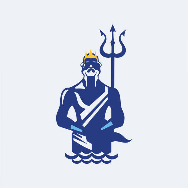 poseidon oder neptun mit einem dreizack mit wellen. maskottchen-logo-design - triton stock-grafiken, -clipart, -cartoons und -symbole
