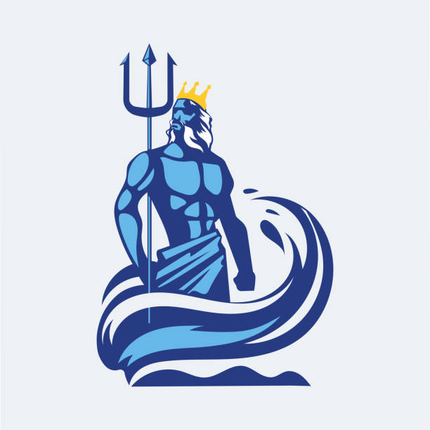 illustrations, cliparts, dessins animés et icônes de poséidon ou neptune brandissant un trident avec des vagues. conception de logo de mascotte - triton