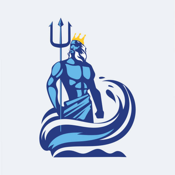 포세이돈 또는 해왕성은 파도와 삼지창을 휘두르는. 마스코트 로고 디자인 - roman god trident neptune sea stock illustrations