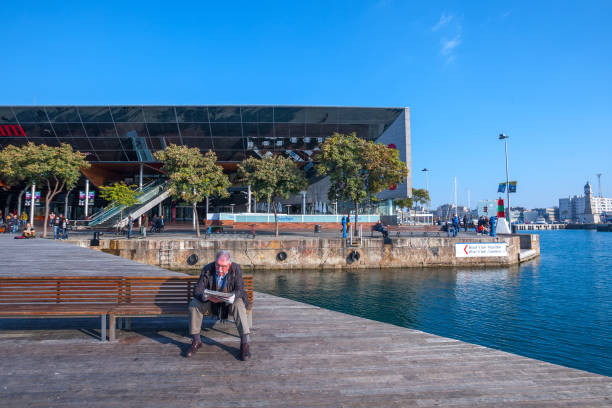 ludzie lokalni i turyści na nabrzeżu rambla de mar w pobliżu centrum handlowego maremagnum - port de barcelona zdjęcia i obrazy z banku zdjęć