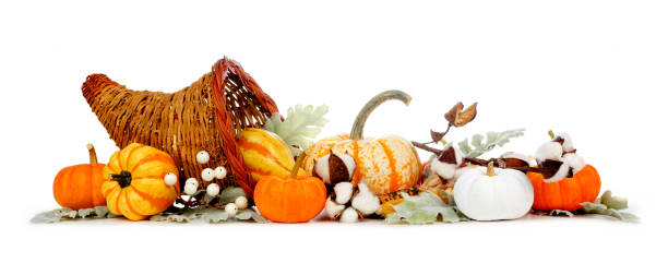 istock Thanksgiving cornucopia filled with autumn vegetables, pumpkins and fall decor isolated on white 1179048985