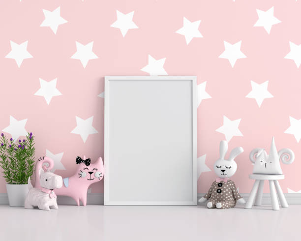 istock Empty photo frame for mockup in child room, 3D rendering 1179066302