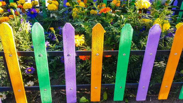 Colorful rainbow wooden fence of the Playground on a Sunny day.