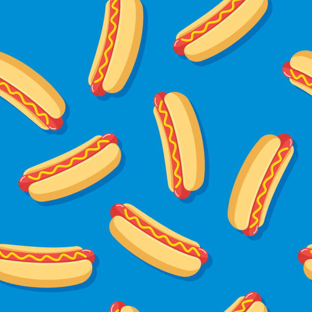Hotdog Pattern Flat Vector illustration of hotdogs in a repeating pattern against a blue background. hot dog stock illustrations