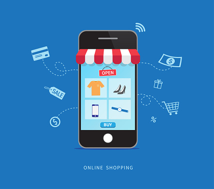 Online shopping with smartphone. E-commerce concept. Vector illustration
