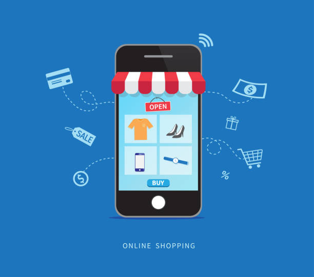 Online shopping with smartphone. E-commerce concept. Vector illustration Online shopping with smartphone. E-commerce concept. Vector illustration online shopping illustrations stock illustrations