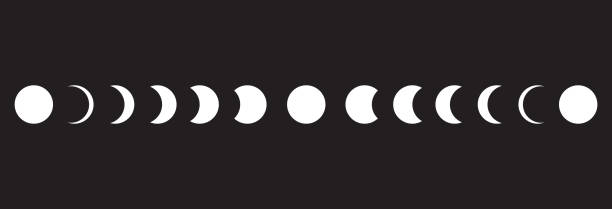 ilustraciones, imágenes clip art, dibujos animados e iconos de stock de icono de fases lunares sobre fondo negro. ilustración vectorial - luna creciente